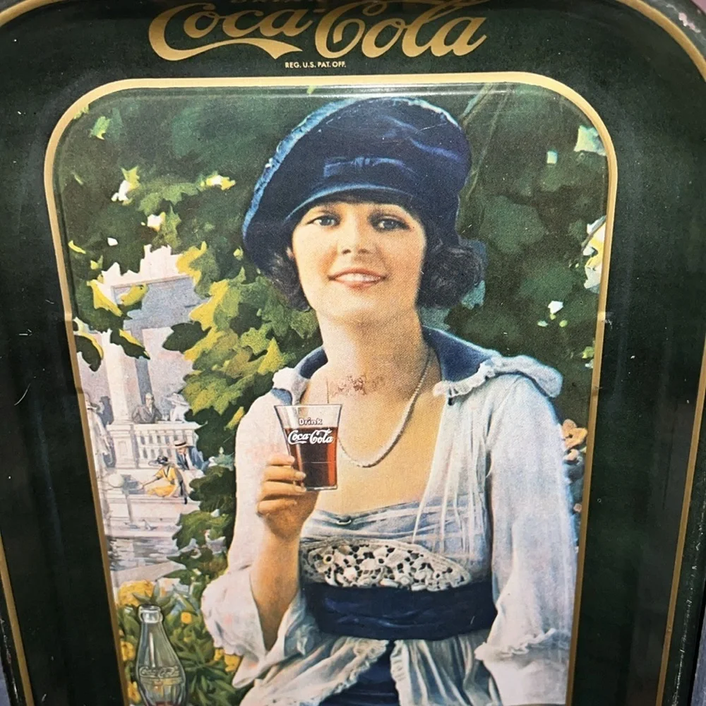 1973 Coke Tray Coca Cola Vintage Tin Rolling Serving Long Woman Glass Blue Hat